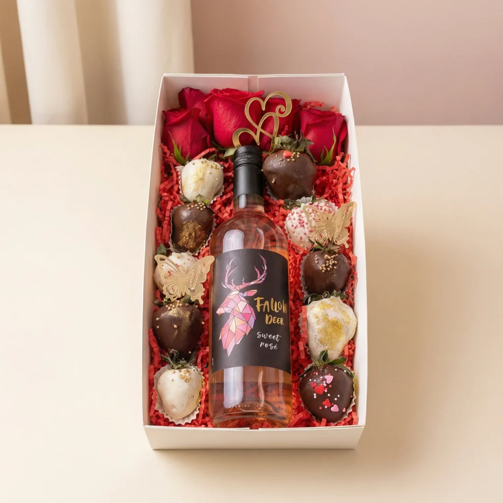 12 Strawberries + 6 Red Roses <br> <span class="pink-text">+ Wine</span>