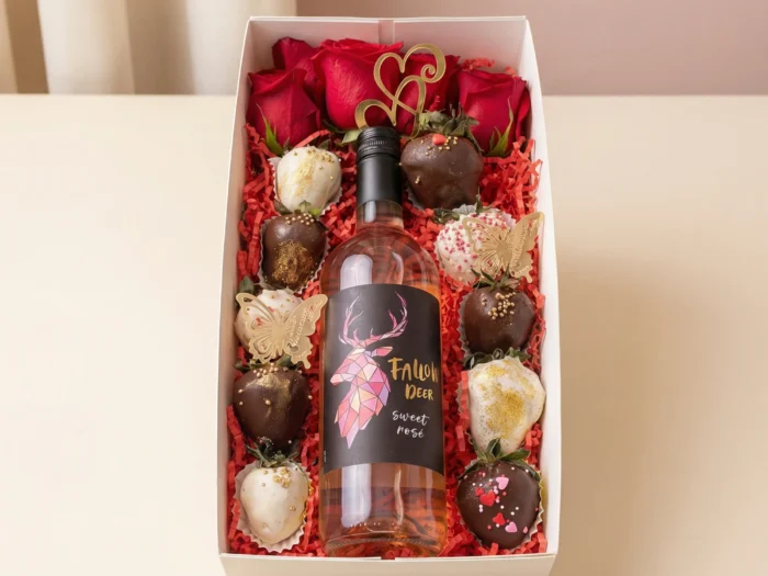12 Strawberries + 6 Red Roses <br> <span class="pink-text">+ Wine</span>